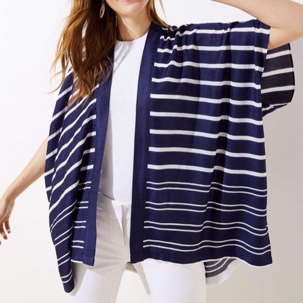 LOFT navy blue kimono with white stripes